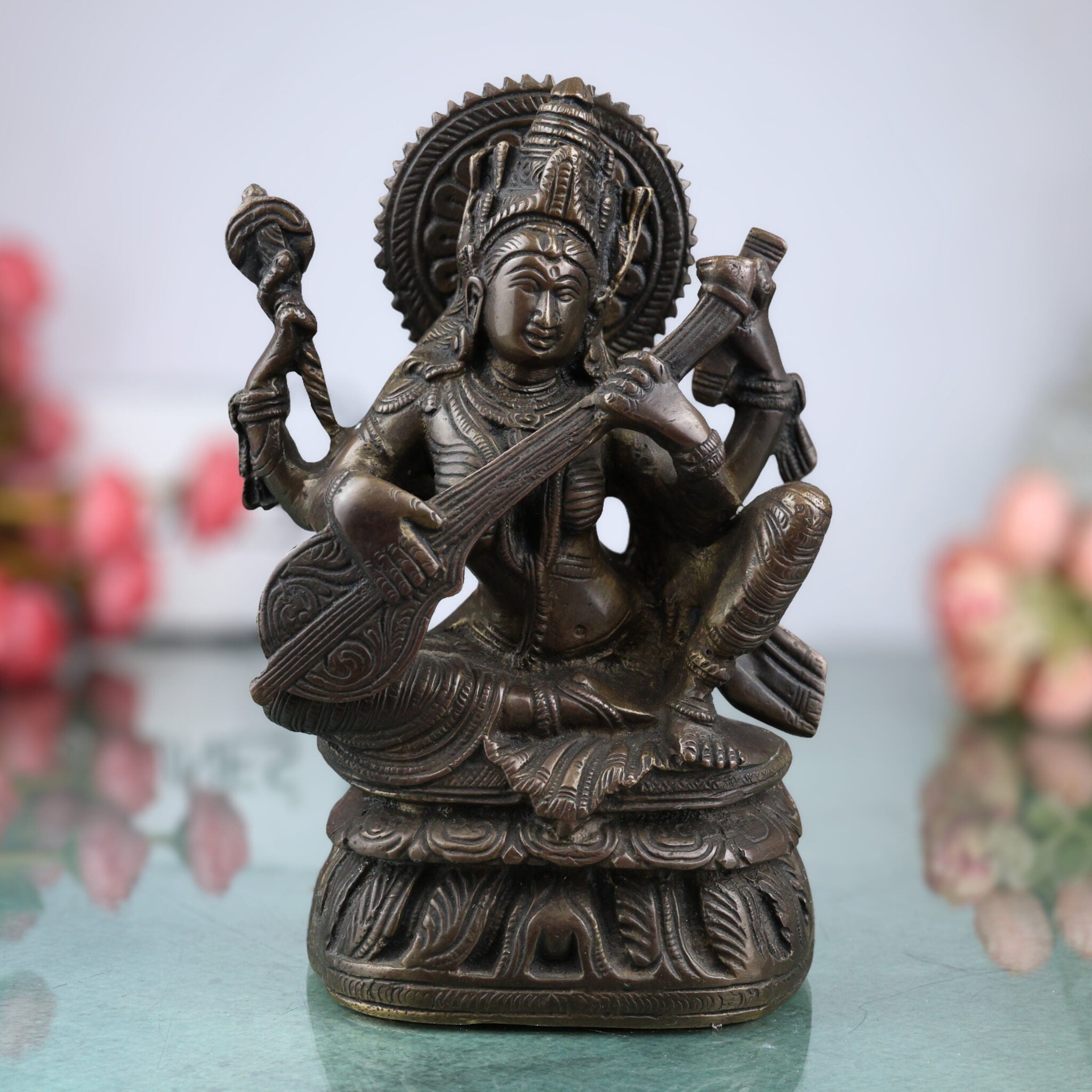 Bhunes Brass Goddess Saraswati Idol, Sarasvati Silai, Vidya Devi Murti, Saraswathi Vigraha For Puja And Home Decor,Brown, 8 Inch, 1 Piece