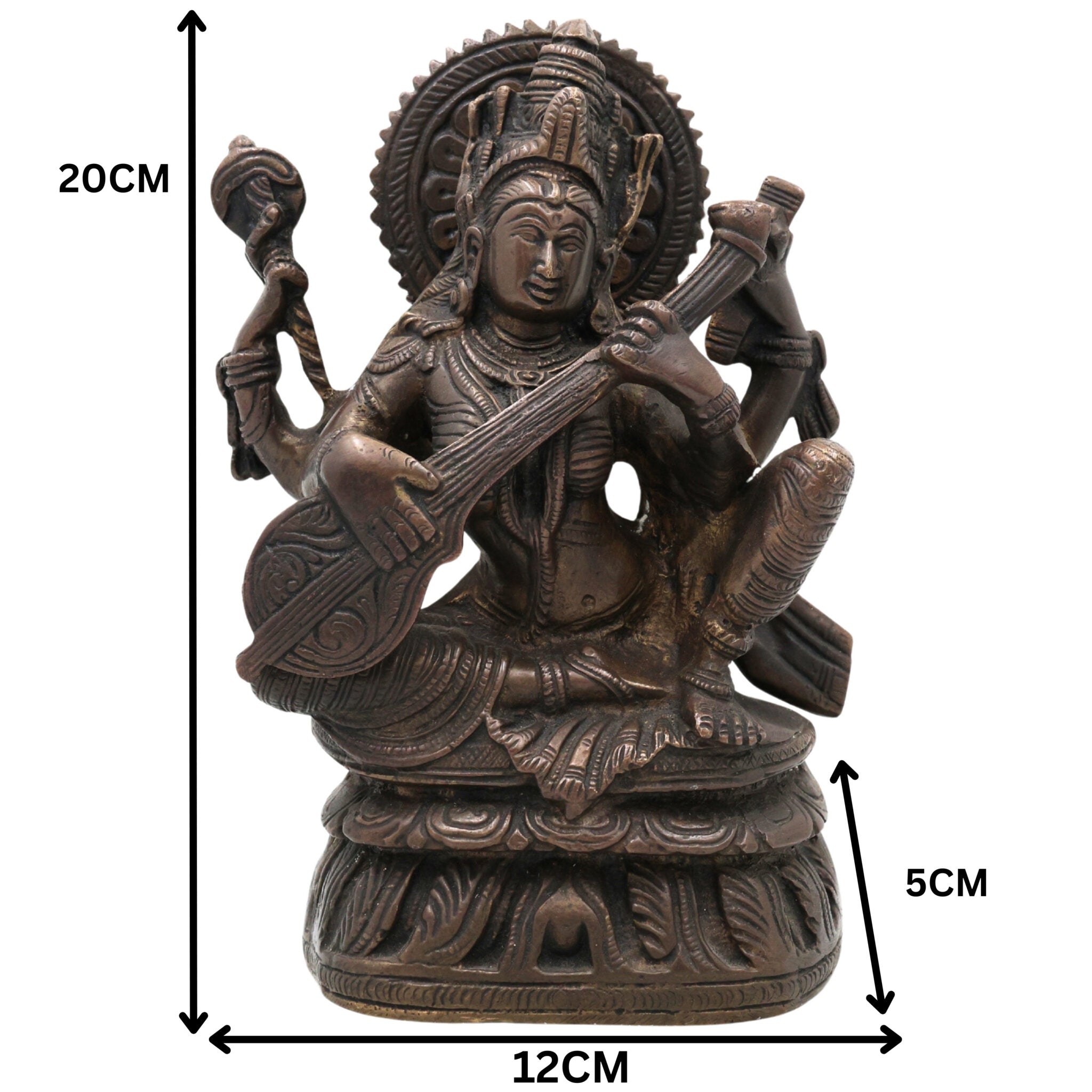Bhunes Brass Goddess Saraswati Idol, Sarasvati Silai, Vidya Devi Murti, Saraswathi Vigraha For Puja And Home Decor,Brown, 8 Inch, 1 Piece