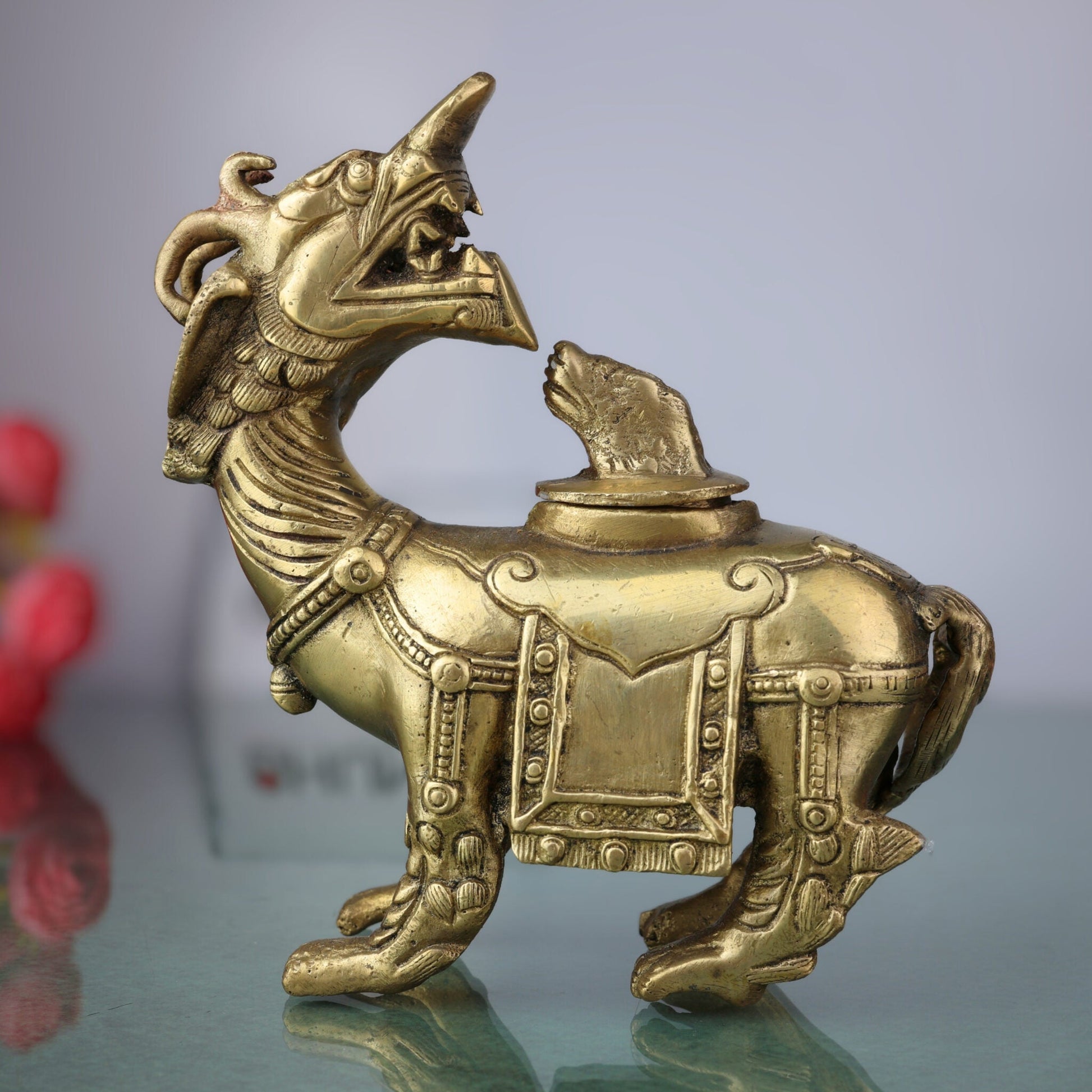Brass Antique Ink Pot – Handcrafted Nāga, Makara, Vritra & Dragon Brass Collectible for Home, Office & Spiritual Decor,Gold, 7 Inch, 1 Piece