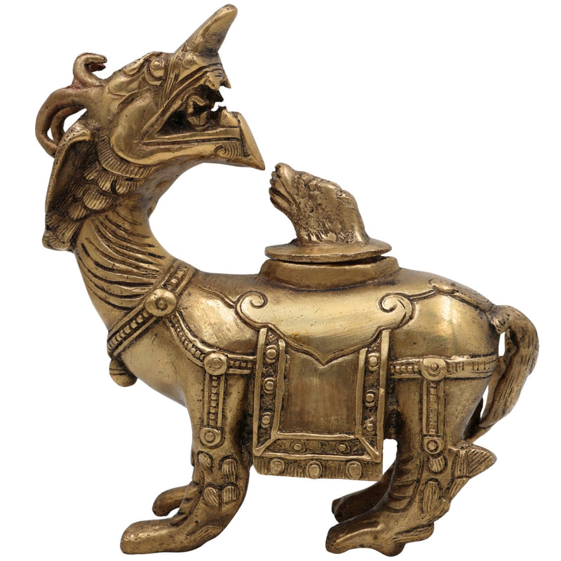 Brass Antique Ink Pot – Handcrafted Nāga, Makara, Vritra & Dragon Brass Collectible for Home, Office & Spiritual Decor,Gold, 7 Inch, 1 Piece