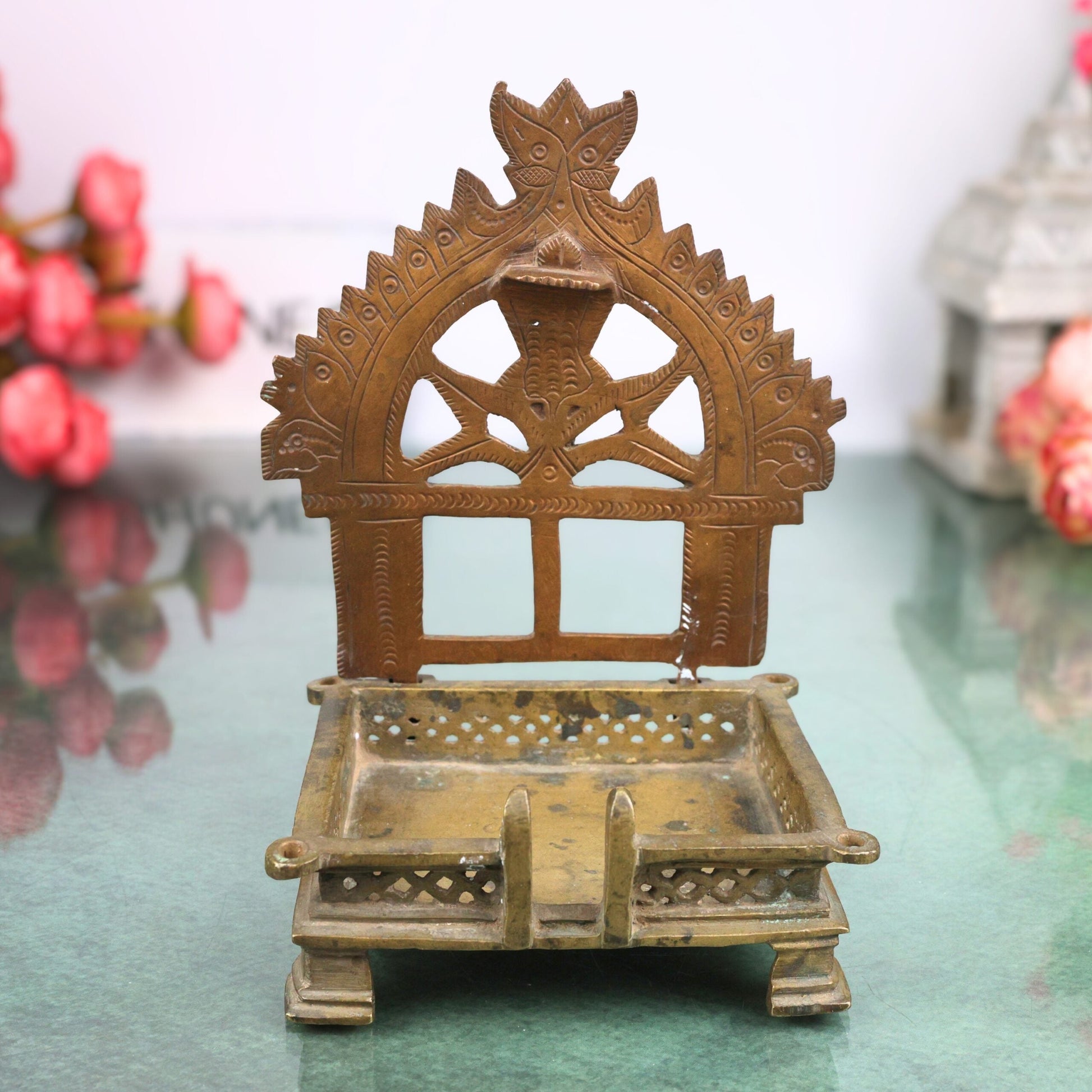 Handcrafted Brass Pooja Chowki / Puja Peetham / Bajot / Peeta / Sinhaasan, Traditional Puja Platform for Home Mandir & Temple Rituals,Brown, 7 Inch, 1 Piece