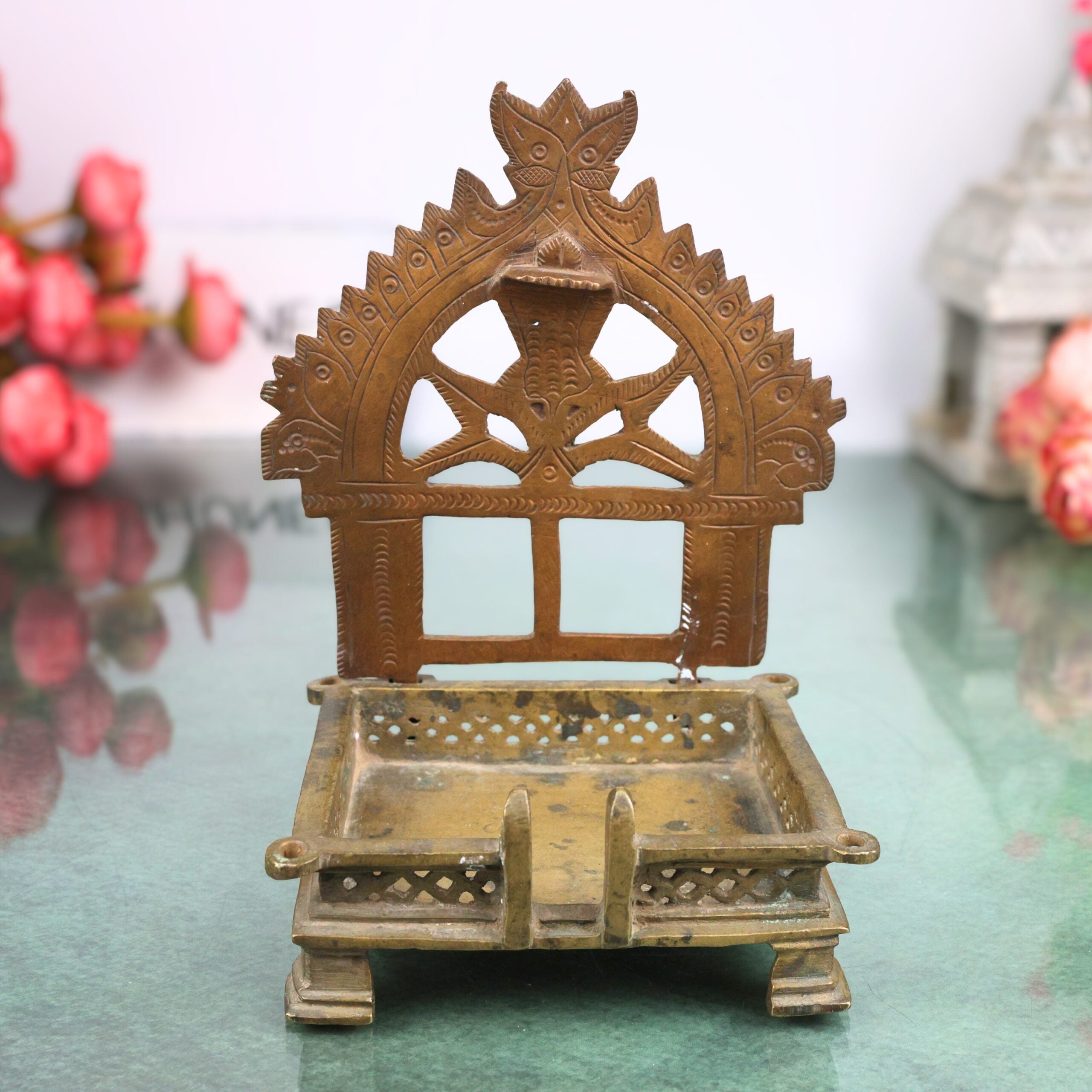 Handcrafted Brass Pooja Chowki / Puja Peetham / Bajot / Peeta / Sinhaasan, Traditional Puja Platform for Home Mandir & Temple Rituals,Brown, 7 Inch, 1 Piece