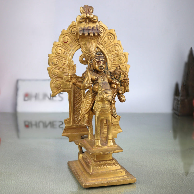 Brass Shiva Khandoba Idol on Horseback, Malhari Martanda Bhairava Murti with Sword & Shield, Traditional Maharashtra Lost Wax Sculpture,Gold, 9.5 Inch, 1 Piece