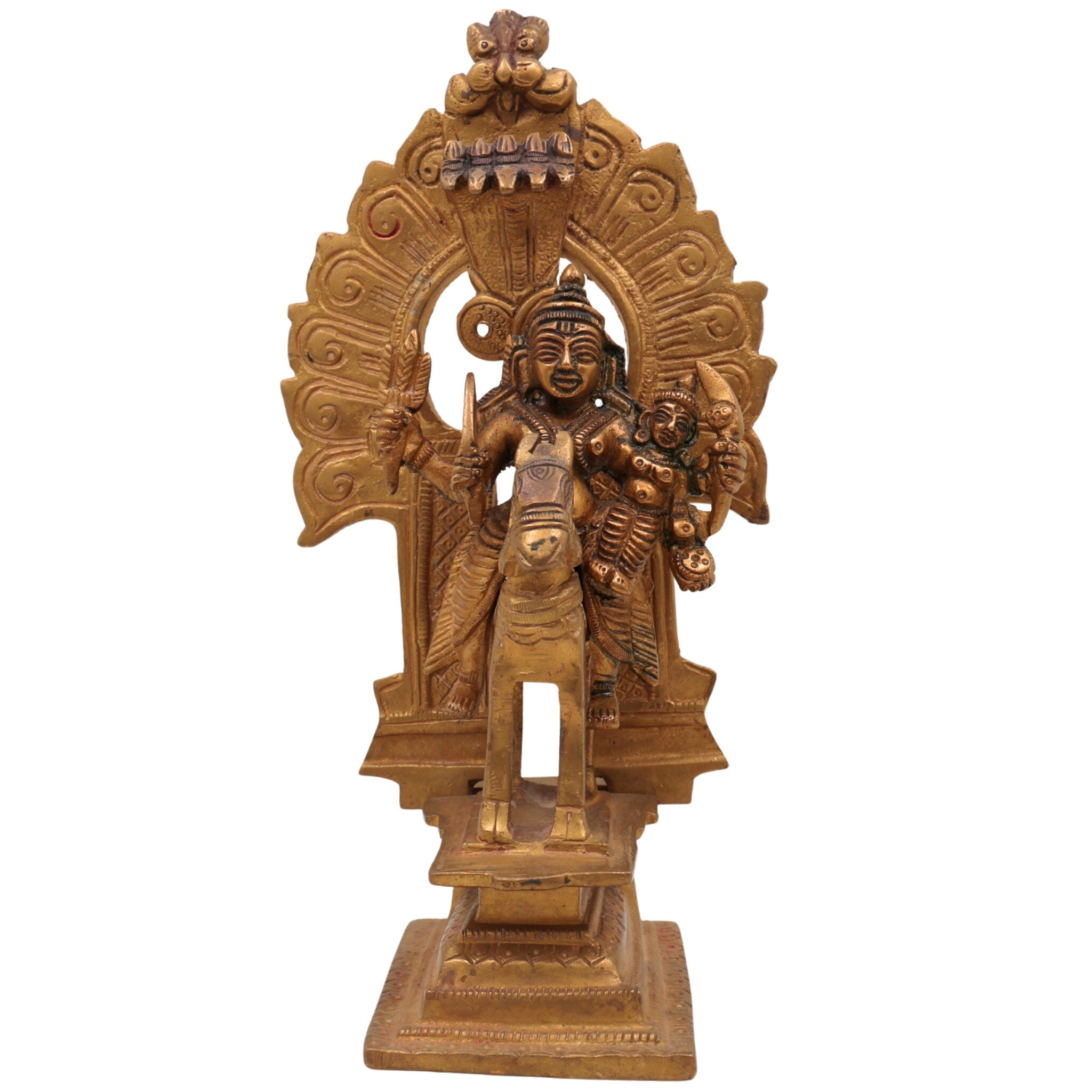 Brass Shiva Khandoba Idol on Horseback, Malhari Martanda Bhairava Murti with Sword & Shield, Traditional Maharashtra Lost Wax Sculpture,Gold, 9.5 Inch, 1 Piece