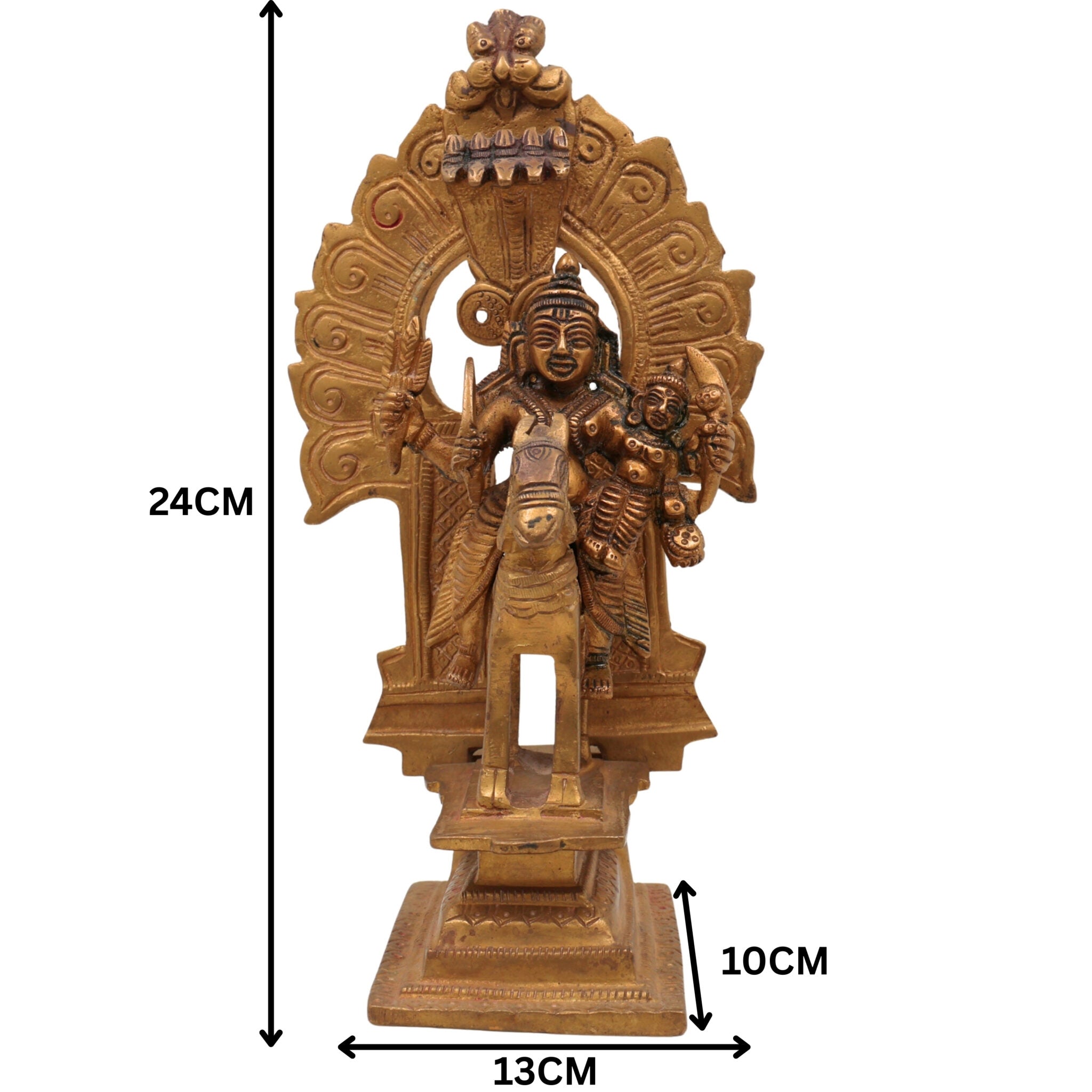 Brass Shiva Khandoba Idol on Horseback, Malhari Martanda Bhairava Murti with Sword & Shield, Traditional Maharashtra Lost Wax Sculpture,Gold, 9.5 Inch, 1 Piece