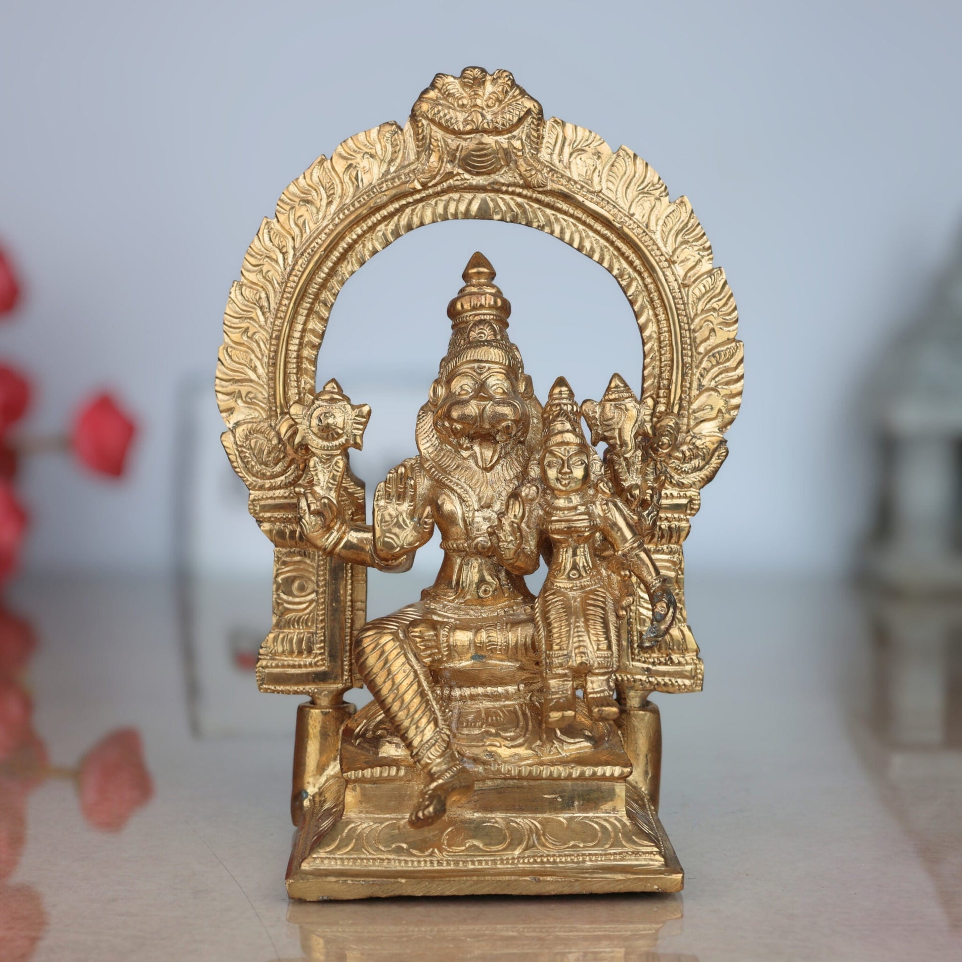 Premium Bronze Narasimha Swamy Lakshmi Idol | Handcrafted Panchaloha Narasingha Murti for Home, Temple & Office Decor,Gold, 7 Inch, 1 Piece