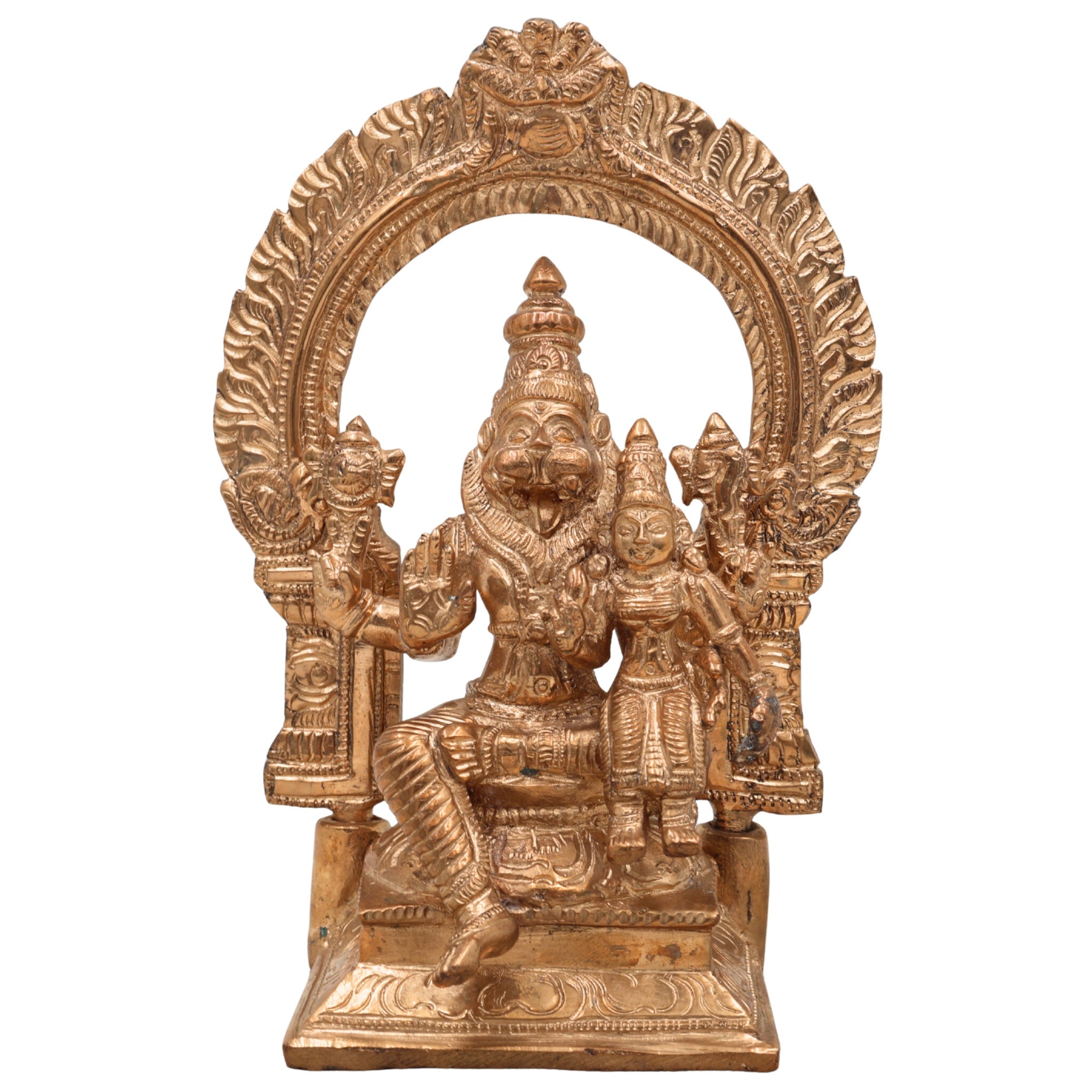 Premium Bronze Narasimha Swamy Lakshmi Idol | Handcrafted Panchaloha Narasingha Murti for Home, Temple & Office Decor,Gold, 7 Inch, 1 Piece