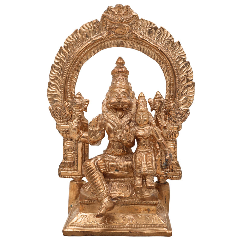 Premium Bronze Narasimha Swamy Lakshmi Idol | Handcrafted Panchaloha Narasingha Murti for Home, Temple & Office Decor,Gold, 7 Inch, 1 Piece