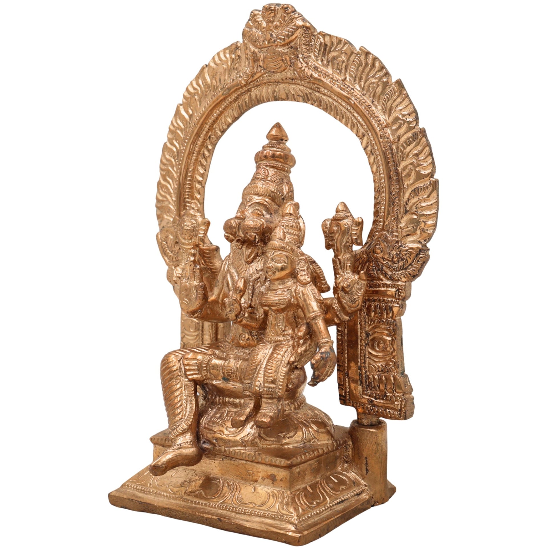 Premium Bronze Narasimha Swamy Lakshmi Idol | Handcrafted Panchaloha Narasingha Murti for Home, Temple & Office Decor,Gold, 7 Inch, 1 Piece