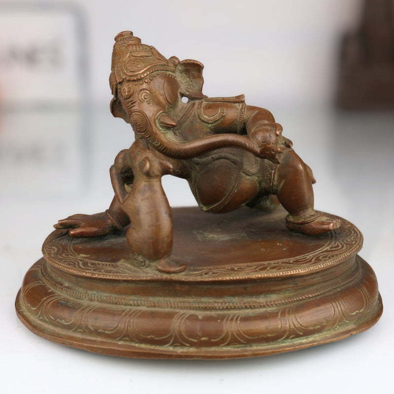 Bal Ganesha Playing with Mouse Idol in Panchaloha, Handmade Bronze Vinayaka with Mushika, Krida Ganapathi, Chola Style Child Ganesha Statue,Gold, 4.5 Inch, 1 Piece