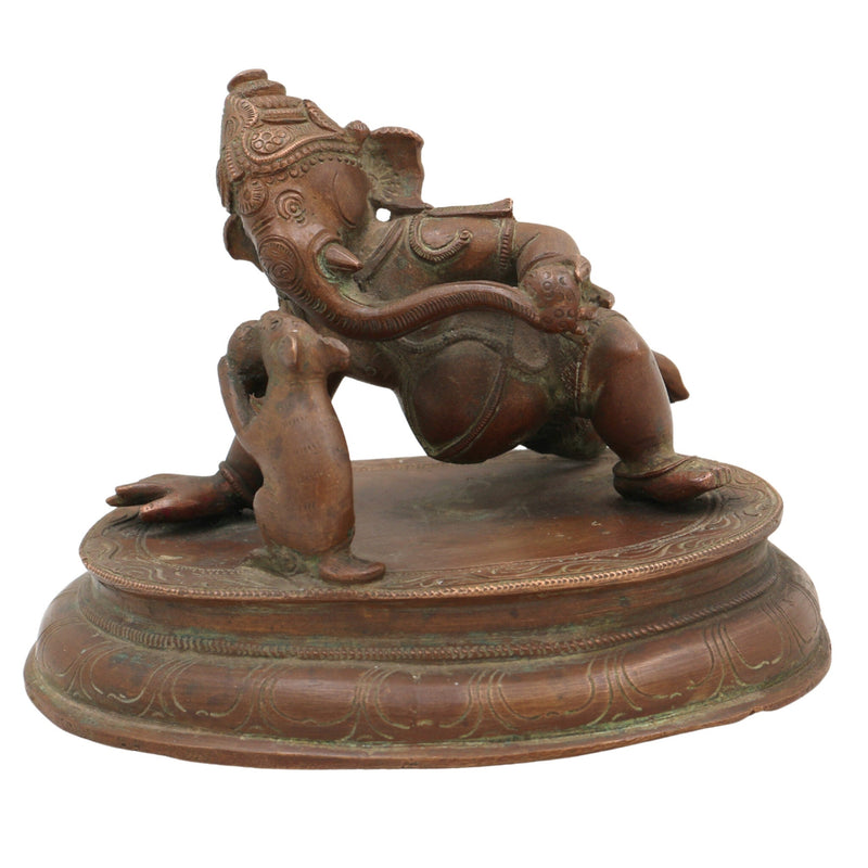 Bal Ganesha Playing with Mouse Idol in Panchaloha, Handmade Bronze Vinayaka with Mushika, Krida Ganapathi, Chola Style Child Ganesha Statue,Gold, 4.5 Inch, 1 Piece