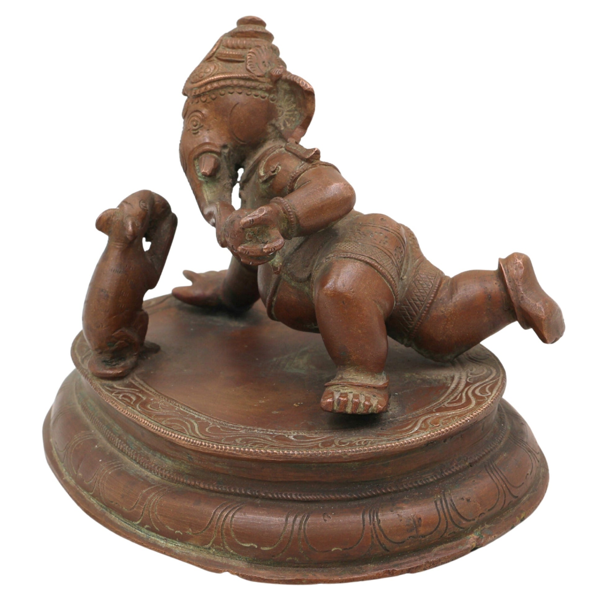 Bal Ganesha Playing with Mouse Idol in Panchaloha, Handmade Bronze Vinayaka with Mushika, Krida Ganapathi, Chola Style Child Ganesha Statue,Gold, 4.5 Inch, 1 Piece