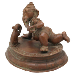 Bal Ganesha Playing with Mouse Idol in Panchaloha, Handmade Bronze Vinayaka with Mushika, Krida Ganapathi, Chola Style Child Ganesha Statue,Gold, 4.5 Inch, 1 Piece
