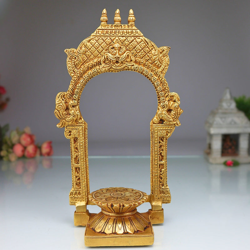 Brass Chowki with Prabhavali, Shinghashan with Arch, Peetha Singhasan Bajot for Temple Pooja Mandir Deity Stand, Gold, 10.5 Inch, 1 Piece