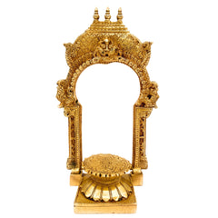 Brass Chowki with Prabhavali, Shinghashan with Arch, Peetha Singhasan Bajot for Temple Pooja Mandir Deity Stand, Gold, 10.5 Inch, 1 Piece