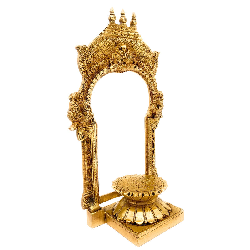 Brass Chowki with Prabhavali, Shinghashan with Arch, Peetha Singhasan Bajot for Temple Pooja Mandir Deity Stand, Gold, 10.5 Inch, 1 Piece