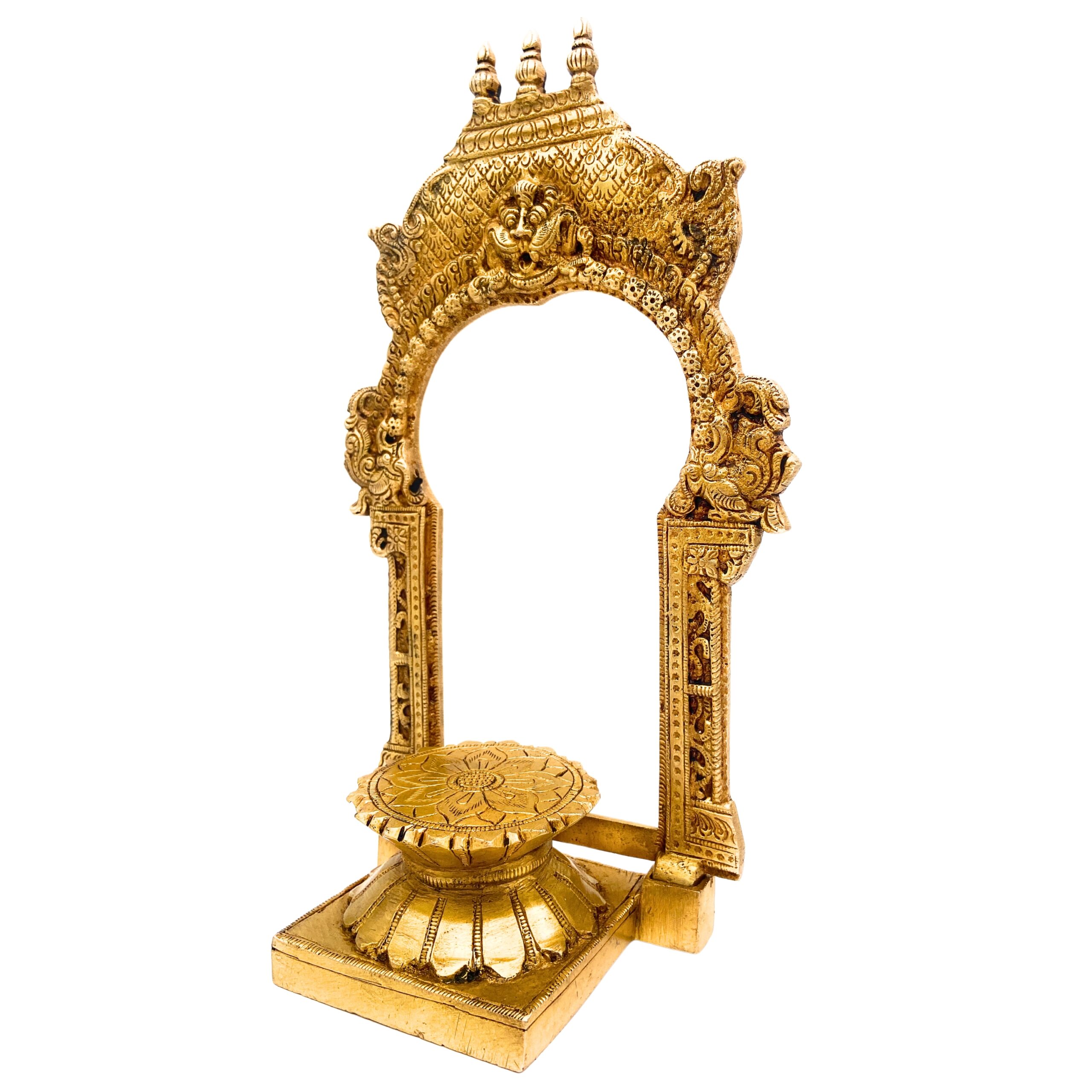 Brass Chowki with Prabhavali, Shinghashan with Arch, Peetha Singhasan Bajot for Temple Pooja Mandir Deity Stand, Gold, 10.5 Inch, 1 Piece