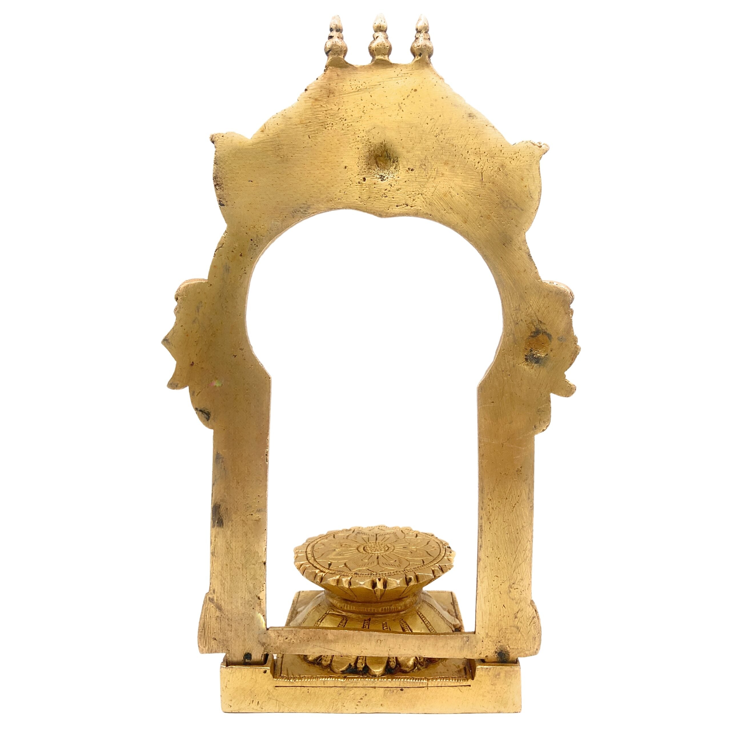 Brass Chowki with Prabhavali, Shinghashan with Arch, Peetha Singhasan Bajot for Temple Pooja Mandir Deity Stand, Gold, 10.5 Inch, 1 Piece