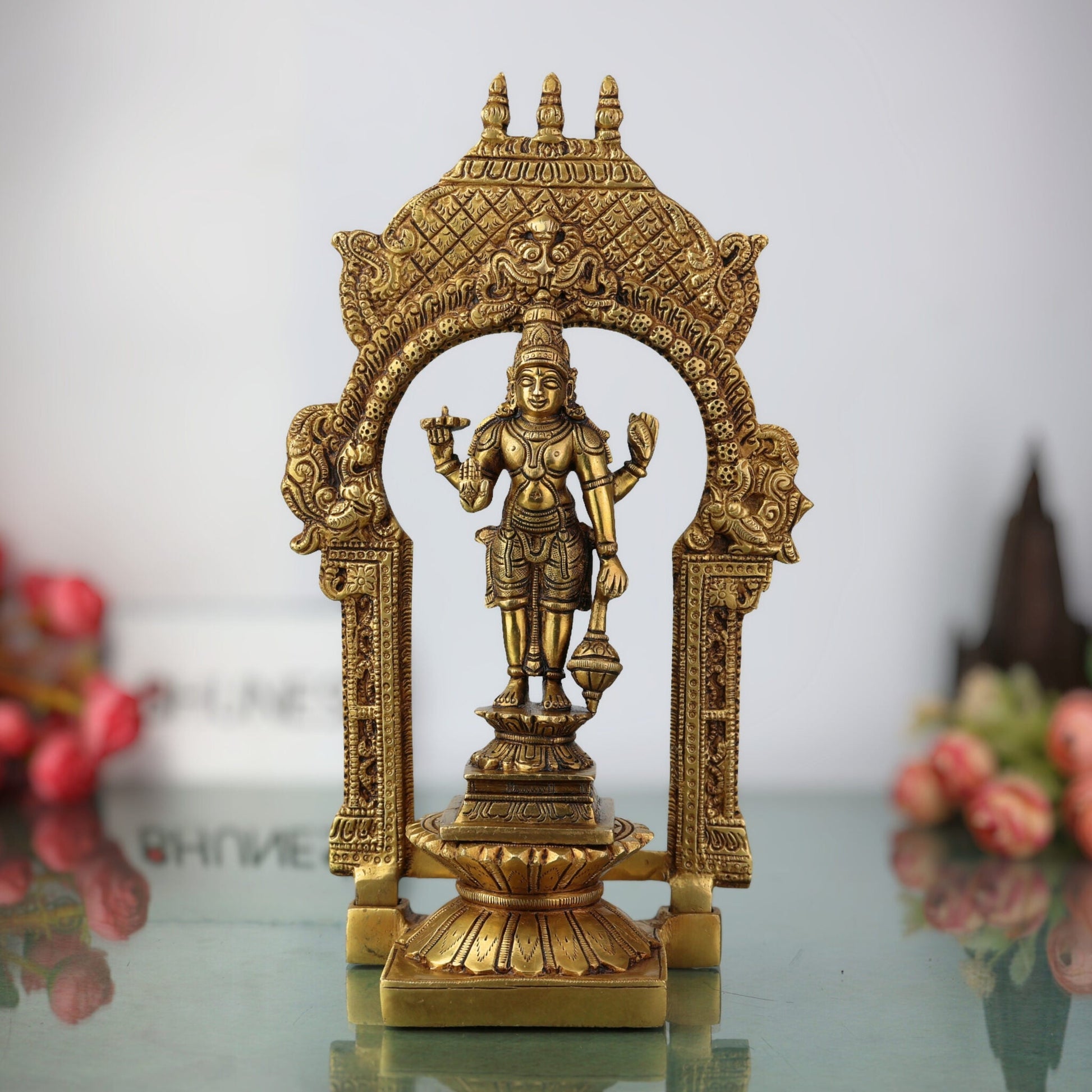 Handcrafted Brass Vishnu Idol with Temple Style Prabhavali Peetam – Narayana, Venkateshwara, Balaji Murti for Home, Puja, and Decor,Gold, 10.5 Inch, 1 Piece