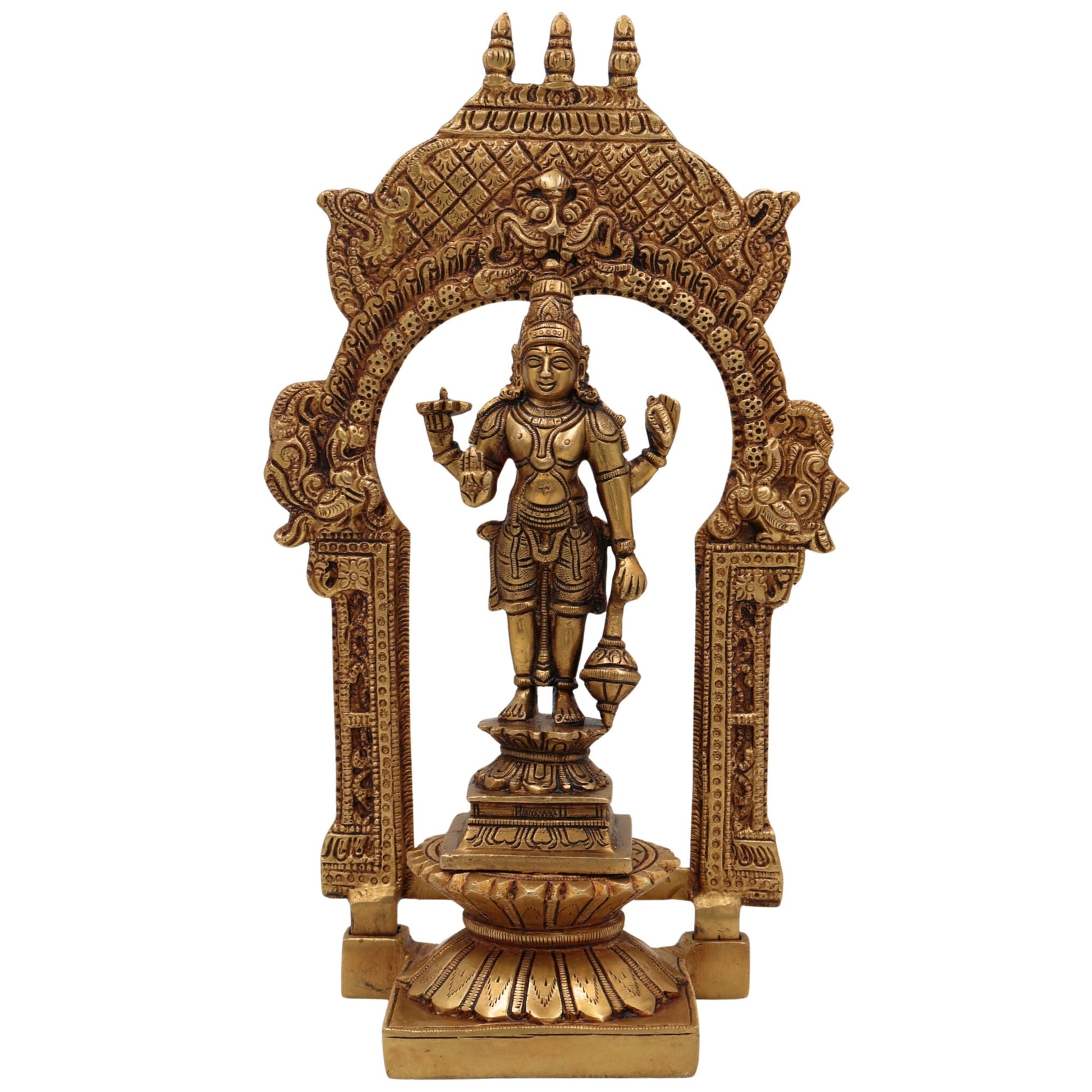 Handcrafted Brass Vishnu Idol with Temple Style Prabhavali Peetam – Narayana, Venkateshwara, Balaji Murti for Home, Puja, and Decor,Gold, 10.5 Inch, 1 Piece