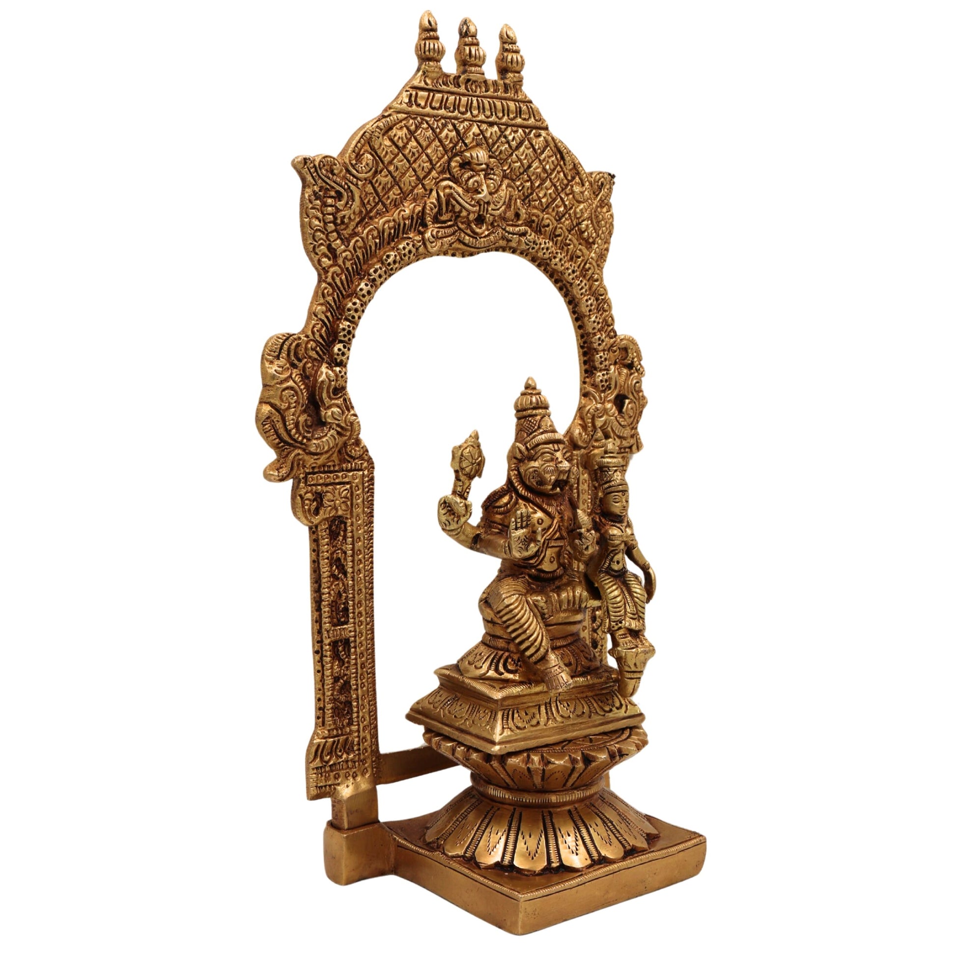 Brass Lakshmi Narasimha Swamy Idol – Narasingha Statue for Pooja, Home Decor – Narasingh on Lotus Chowki with Temple-Style Prabhavali – Pittal Yoga-Narasimha Murti, Gold, 10.5 Inch, 1 Piece