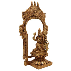 Brass Lakshmi Narasimha Swamy Idol – Narasingha Statue for Pooja, Home Decor – Narasingh on Lotus Chowki with Temple-Style Prabhavali – Pittal Yoga-Narasimha Murti, Gold, 10.5 Inch, 1 Piece