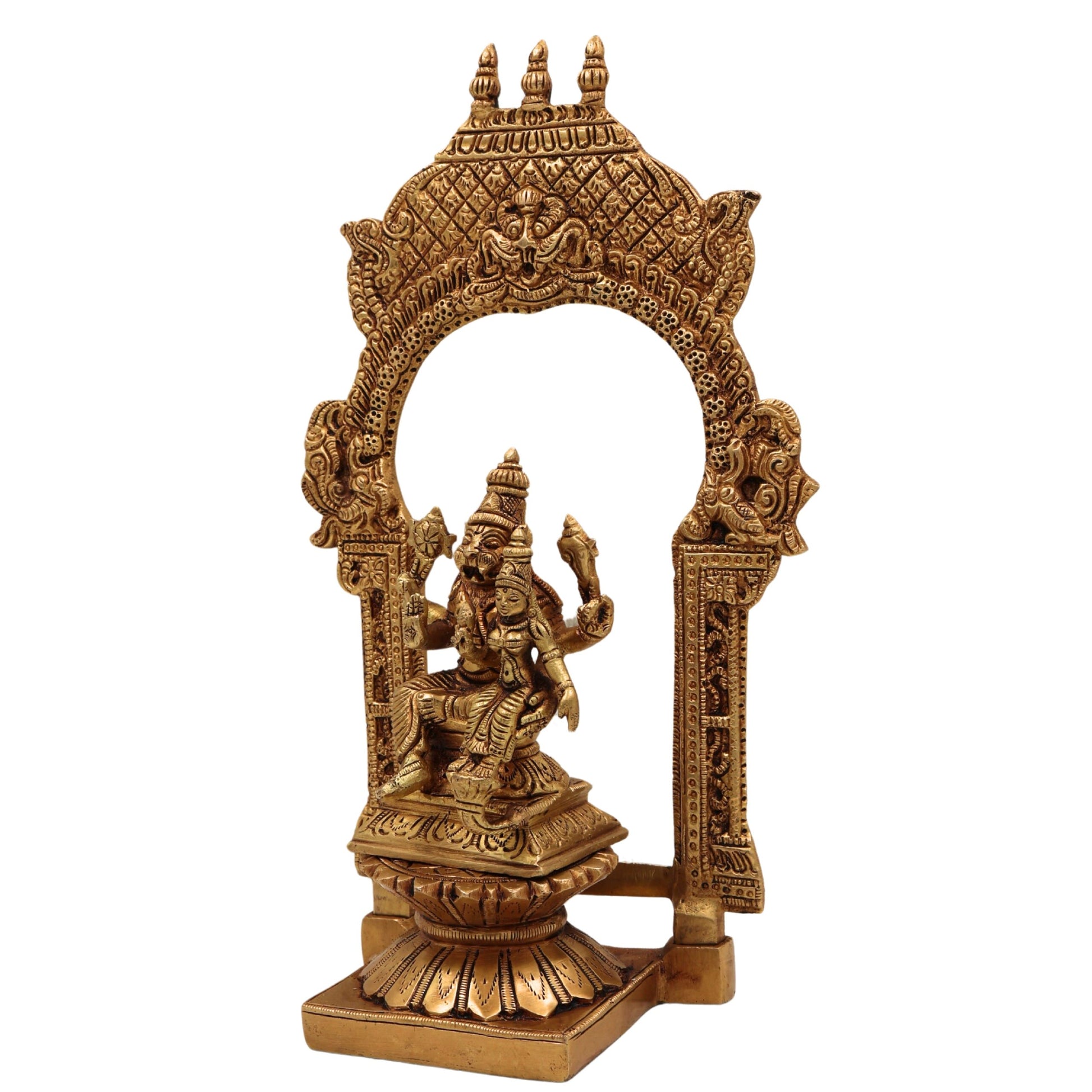 Brass Lakshmi Narasimha Swamy Idol – Narasingha Statue for Pooja, Home Decor – Narasingh on Lotus Chowki with Temple-Style Prabhavali – Pittal Yoga-Narasimha Murti, Gold, 10.5 Inch, 1 Piece