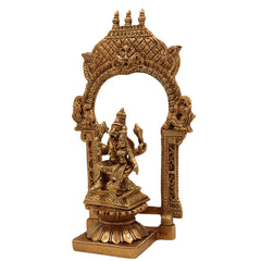 Brass Lakshmi Narasimha Swamy Idol – Narasingha Statue for Pooja, Home Decor – Narasingh on Lotus Chowki with Temple-Style Prabhavali – Pittal Yoga-Narasimha Murti, Gold, 10.5 Inch, 1 Piece