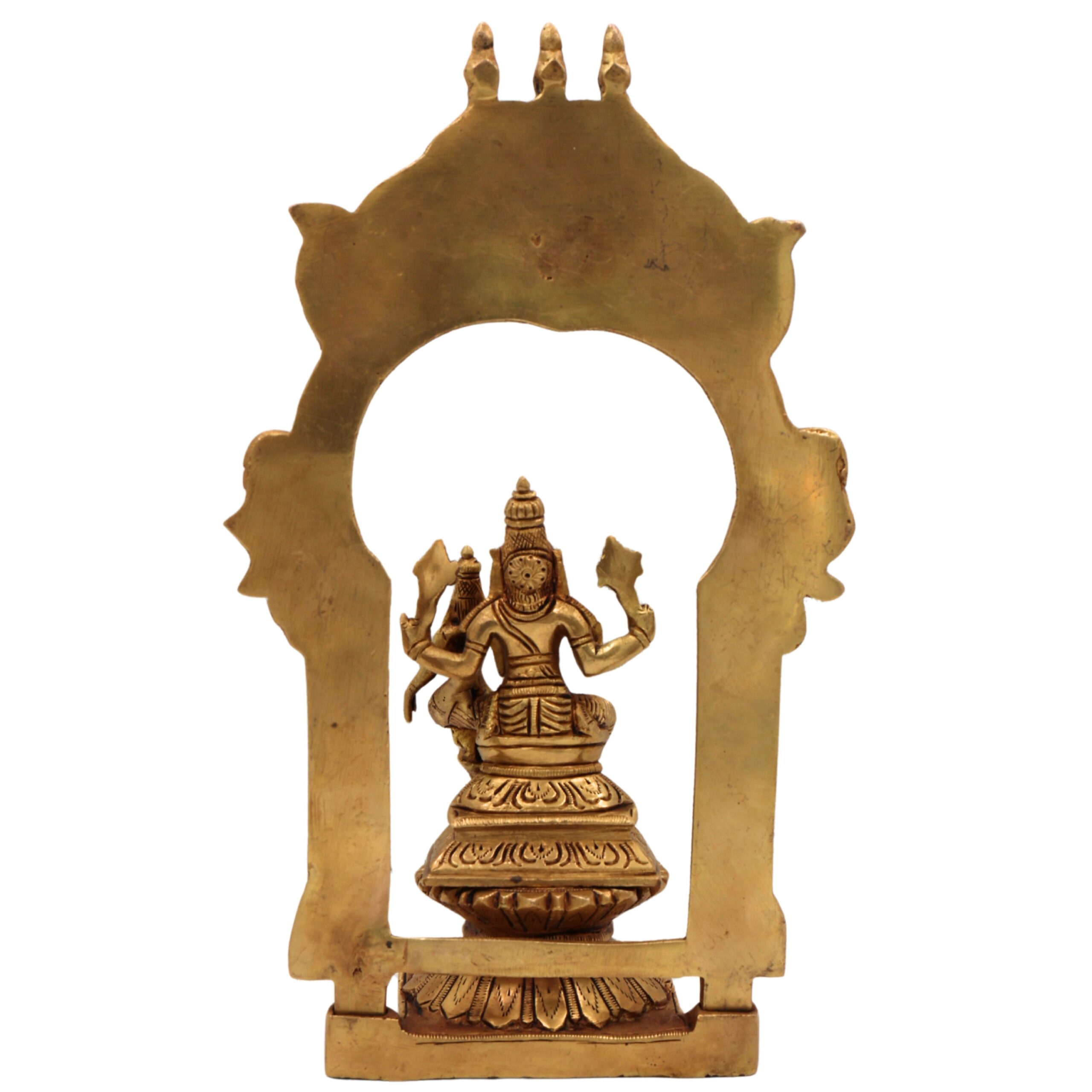 Brass Lakshmi Narasimha Swamy Idol – Narasingha Statue for Pooja, Home Decor – Narasingh on Lotus Chowki with Temple-Style Prabhavali – Pittal Yoga-Narasimha Murti, Gold, 10.5 Inch, 1 Piece