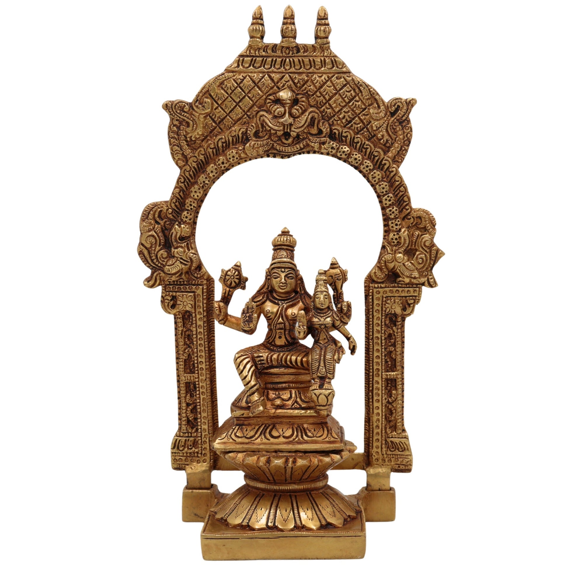 Brass Vishnu Lakshmi Idol with Temple Style Prabhavali Peetam – Handcrafted Narayana Lakshmi Murti, Venkateshwara Balaji Statue for Pooja, Home Decor & Gifting,Gold, 10.5 Inch, 1 Piece