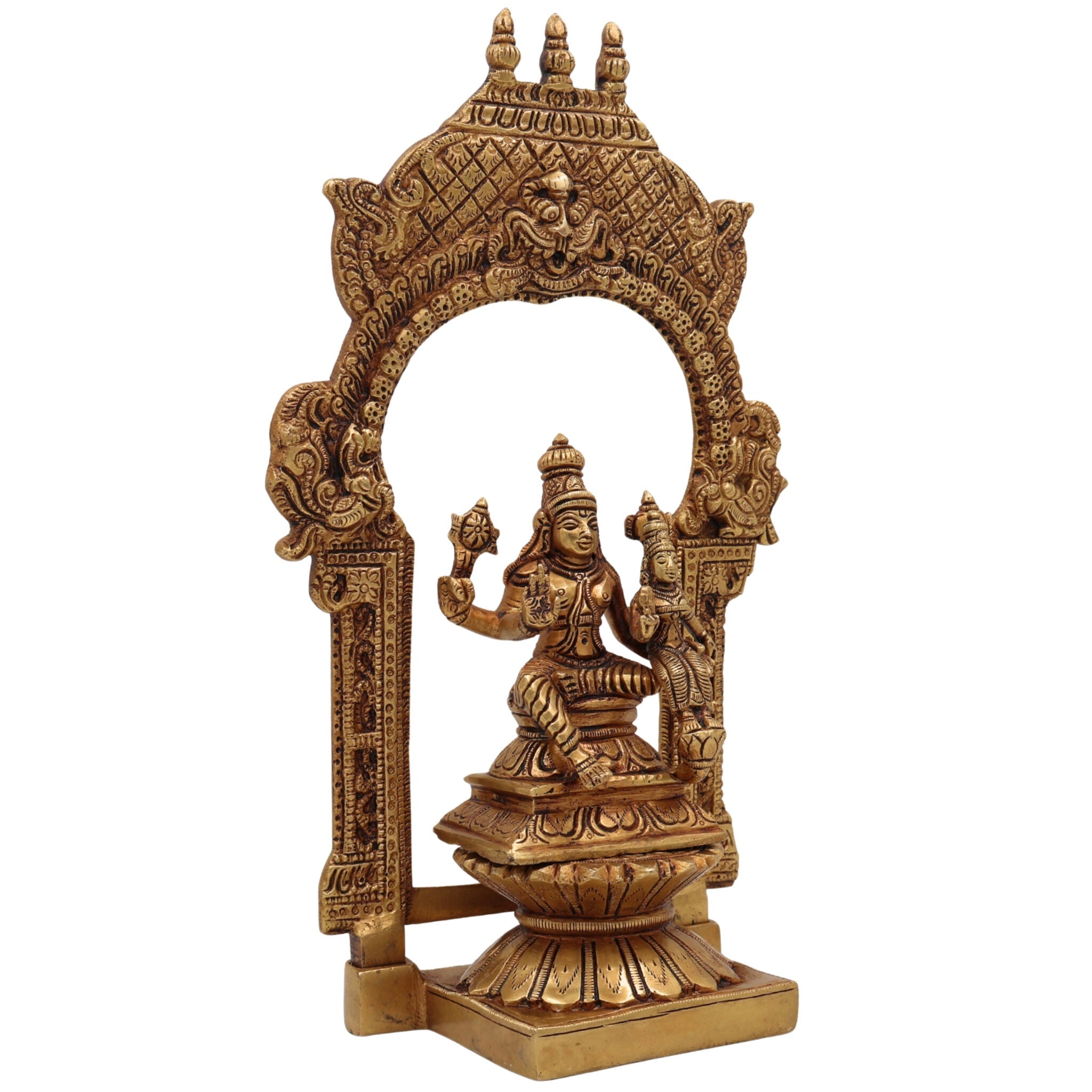 Brass Vishnu Lakshmi Idol with Temple Style Prabhavali Peetam – Handcrafted Narayana Lakshmi Murti, Venkateshwara Balaji Statue for Pooja, Home Decor & Gifting,Gold, 10.5 Inch, 1 Piece