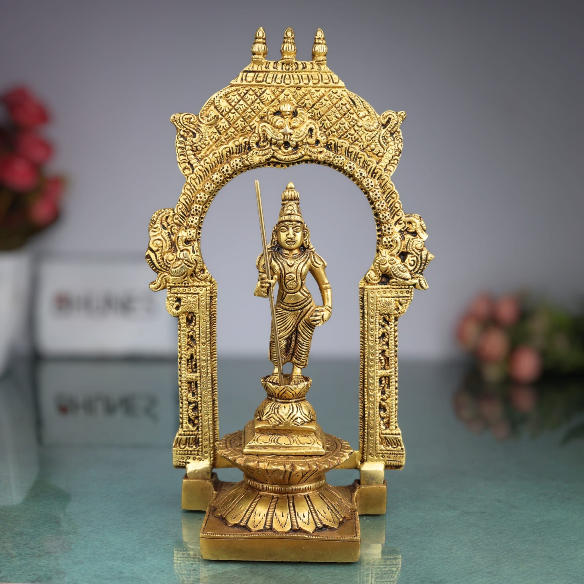 Brass Murugan Idol with Prabhavali, Kartikeya Subramanya Skanda Shanmuga Velan Statue for Home Temple, Pooja & Decor, Handcrafted Peetal Pital Subrahmanya Vigraham,Gold, 10.5 Inch, 1 Piece