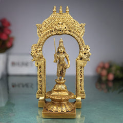 Brass Murugan Idol with Prabhavali, Kartikeya Subramanya Skanda Shanmuga Velan Statue for Home Temple, Pooja & Decor, Handcrafted Peetal Pital Subrahmanya Vigraham,Gold, 10.5 Inch, 1 Piece