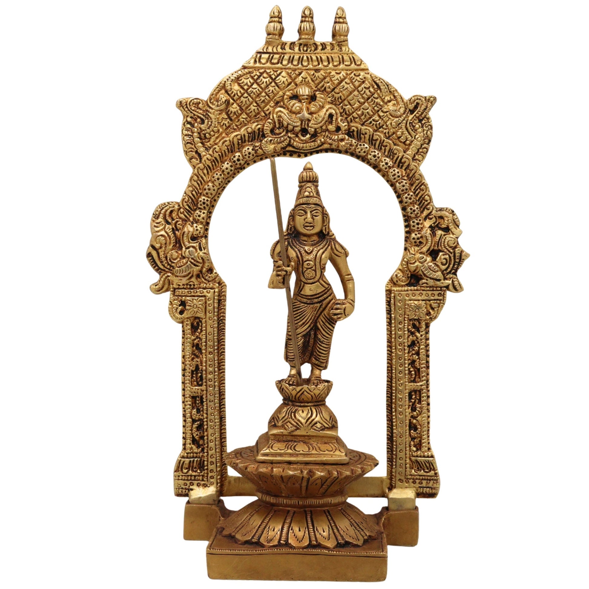 Brass Murugan Idol with Prabhavali, Kartikeya Subramanya Skanda Shanmuga Velan Statue for Home Temple, Pooja & Decor, Handcrafted Peetal Pital Subrahmanya Vigraham,Gold, 10.5 Inch, 1 Piece