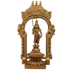 Brass Murugan Idol with Prabhavali, Kartikeya Subramanya Skanda Shanmuga Velan Statue for Home Temple, Pooja & Decor, Handcrafted Peetal Pital Subrahmanya Vigraham,Gold, 10.5 Inch, 1 Piece