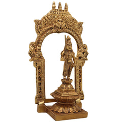 Brass Murugan Idol with Prabhavali, Kartikeya Subramanya Skanda Shanmuga Velan Statue for Home Temple, Pooja & Decor, Handcrafted Peetal Pital Subrahmanya Vigraham,Gold, 10.5 Inch, 1 Piece