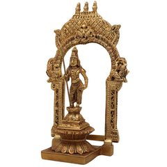 Brass Murugan Idol with Prabhavali, Kartikeya Subramanya Skanda Shanmuga Velan Statue for Home Temple, Pooja & Decor, Handcrafted Peetal Pital Subrahmanya Vigraham,Gold, 10.5 Inch, 1 Piece