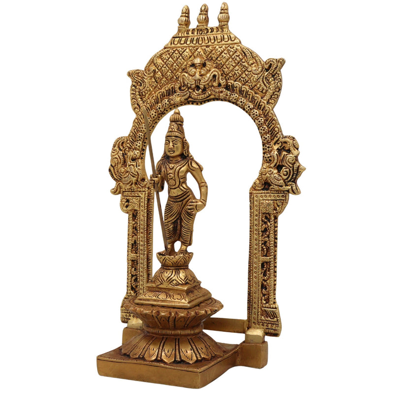 Brass Murugan Idol with Prabhavali, Kartikeya Subramanya Skanda Shanmuga Velan Statue for Home Temple, Pooja & Decor, Handcrafted Peetal Pital Subrahmanya Vigraham,Gold, 10.5 Inch, 1 Piece