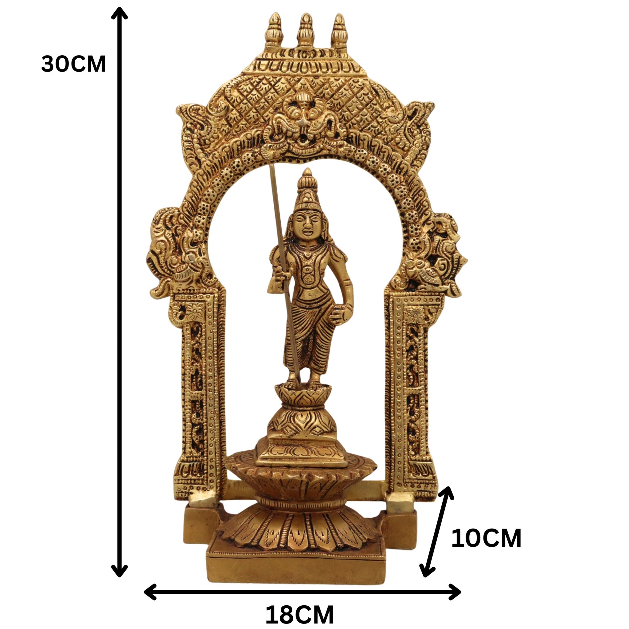 Brass Murugan Idol with Prabhavali, Kartikeya Subramanya Skanda Shanmuga Velan Statue for Home Temple, Pooja & Decor, Handcrafted Peetal Pital Subrahmanya Vigraham,Gold, 10.5 Inch, 1 Piece