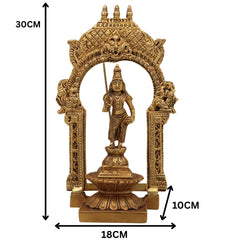 Brass Murugan Idol with Prabhavali, Kartikeya Subramanya Skanda Shanmuga Velan Statue for Home Temple, Pooja & Decor, Handcrafted Peetal Pital Subrahmanya Vigraham,Gold, 10.5 Inch, 1 Piece