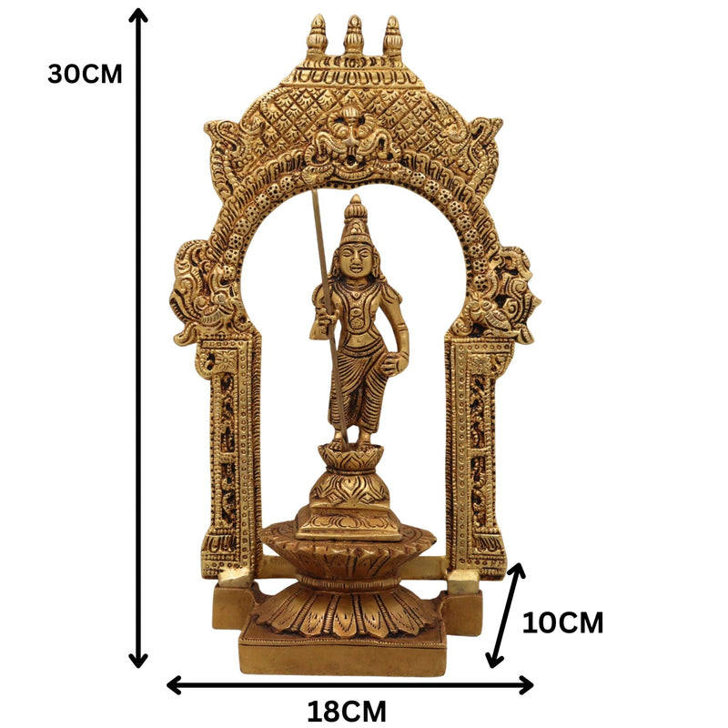 Brass Murugan Idol with Prabhavali, Kartikeya Subramanya Skanda Shanmuga Velan Statue for Home Temple, Pooja & Decor, Handcrafted Peetal Pital Subrahmanya Vigraham,Gold, 10.5 Inch, 1 Piece