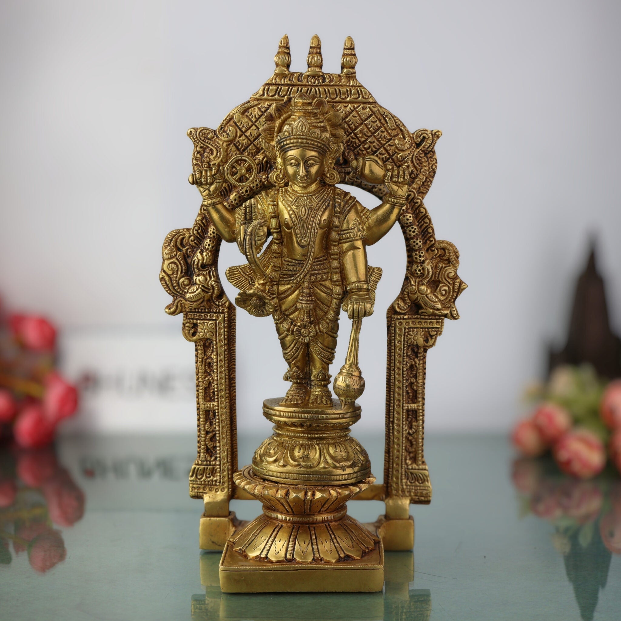 Brass Vishnu Idol Murti – Handcrafted Narayana, Venkateshwara, Balaji, Govinda, Srinivasa Statue for Home Decor, Pooja, Temple, and Spiritual Gifts,Gold, 10.5 Inch, 1 Piece