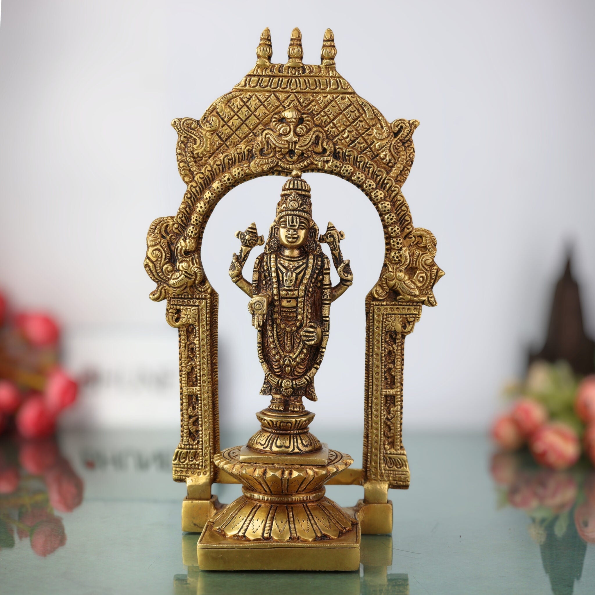 Brass Vishnu Idol with Temple Style Prabhavali Peetam, Narayana Murti, Venkateshwara Vigraham, Balaji Statue for Home Decor, Pooja, Gifts & Spiritual Display,Gold, 10.5 Inch, 1 Piece