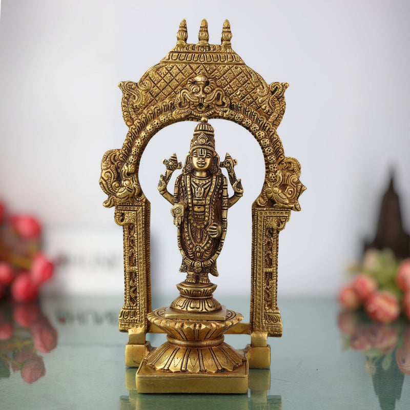 Brass Vishnu Idol with Temple Style Prabhavali Peetam, Narayana Murti, Venkateshwara Vigraham, Balaji Statue for Home Decor, Pooja, Gifts & Spiritual Display,Gold, 10.5 Inch, 1 Piece