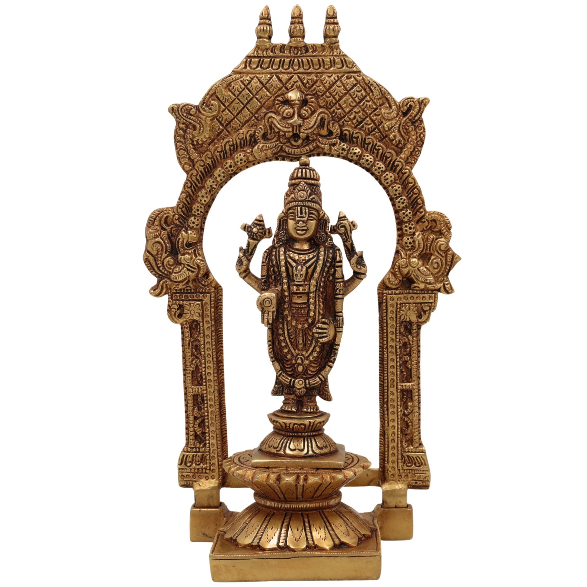 Brass Vishnu Idol with Temple Style Prabhavali Peetam, Narayana Murti, Venkateshwara Vigraham, Balaji Statue for Home Decor, Pooja, Gifts & Spiritual Display,Gold, 10.5 Inch, 1 Piece