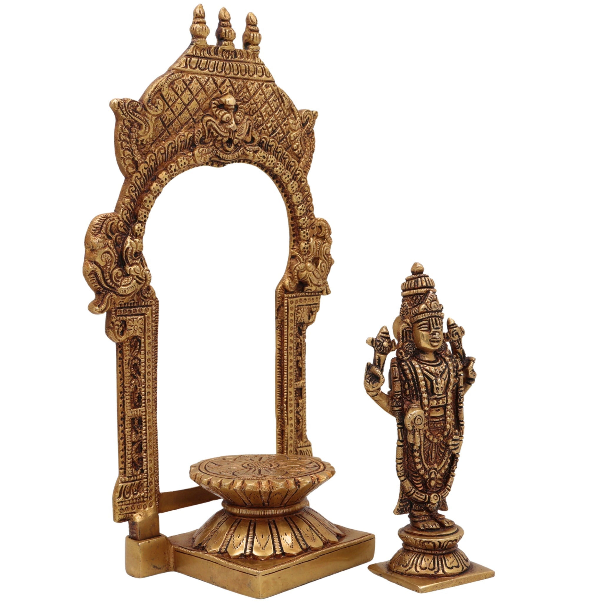 Brass Vishnu Idol with Temple Style Prabhavali Peetam, Narayana Murti, Venkateshwara Vigraham, Balaji Statue for Home Decor, Pooja, Gifts & Spiritual Display,Gold, 10.5 Inch, 1 Piece