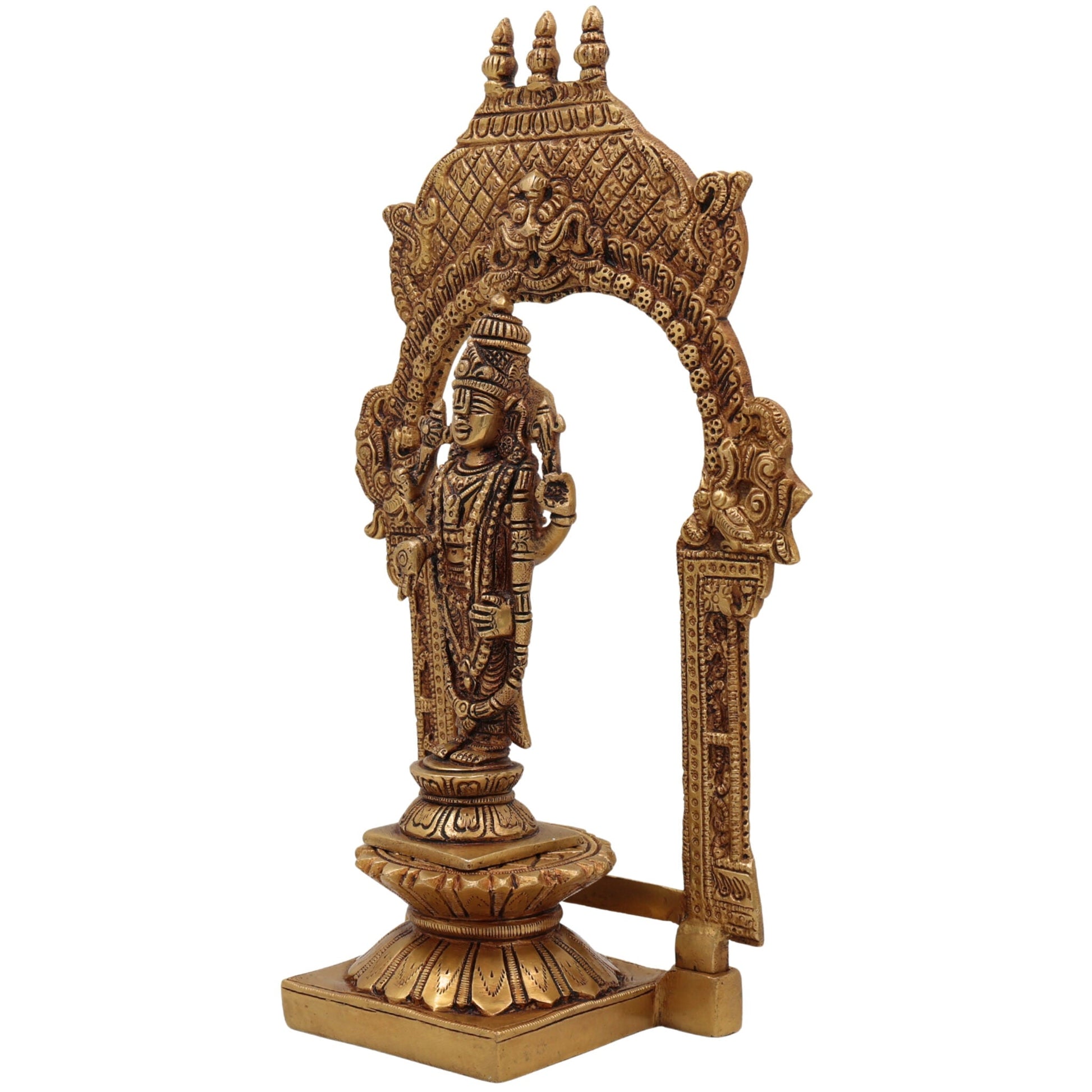 Brass Vishnu Idol with Temple Style Prabhavali Peetam, Narayana Murti, Venkateshwara Vigraham, Balaji Statue for Home Decor, Pooja, Gifts & Spiritual Display,Gold, 10.5 Inch, 1 Piece