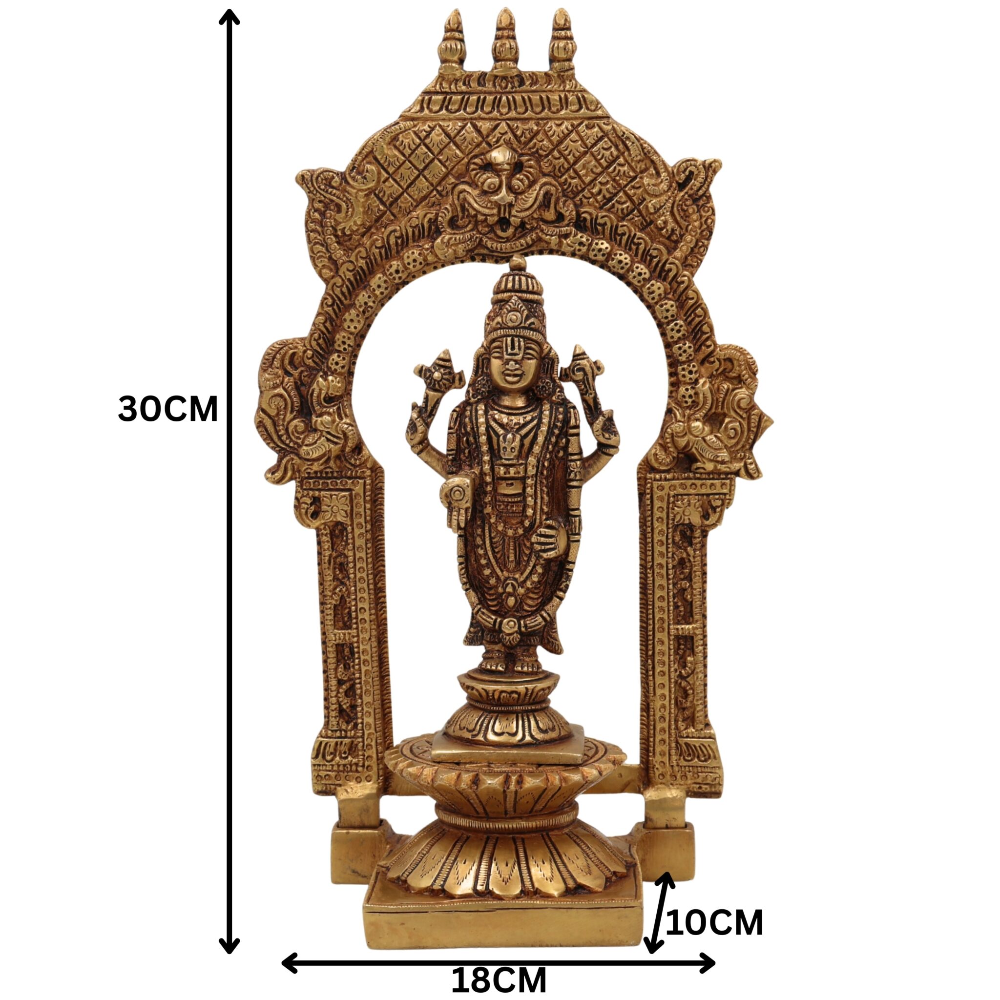 Brass Vishnu Idol with Temple Style Prabhavali Peetam, Narayana Murti, Venkateshwara Vigraham, Balaji Statue for Home Decor, Pooja, Gifts & Spiritual Display,Gold, 10.5 Inch, 1 Piece