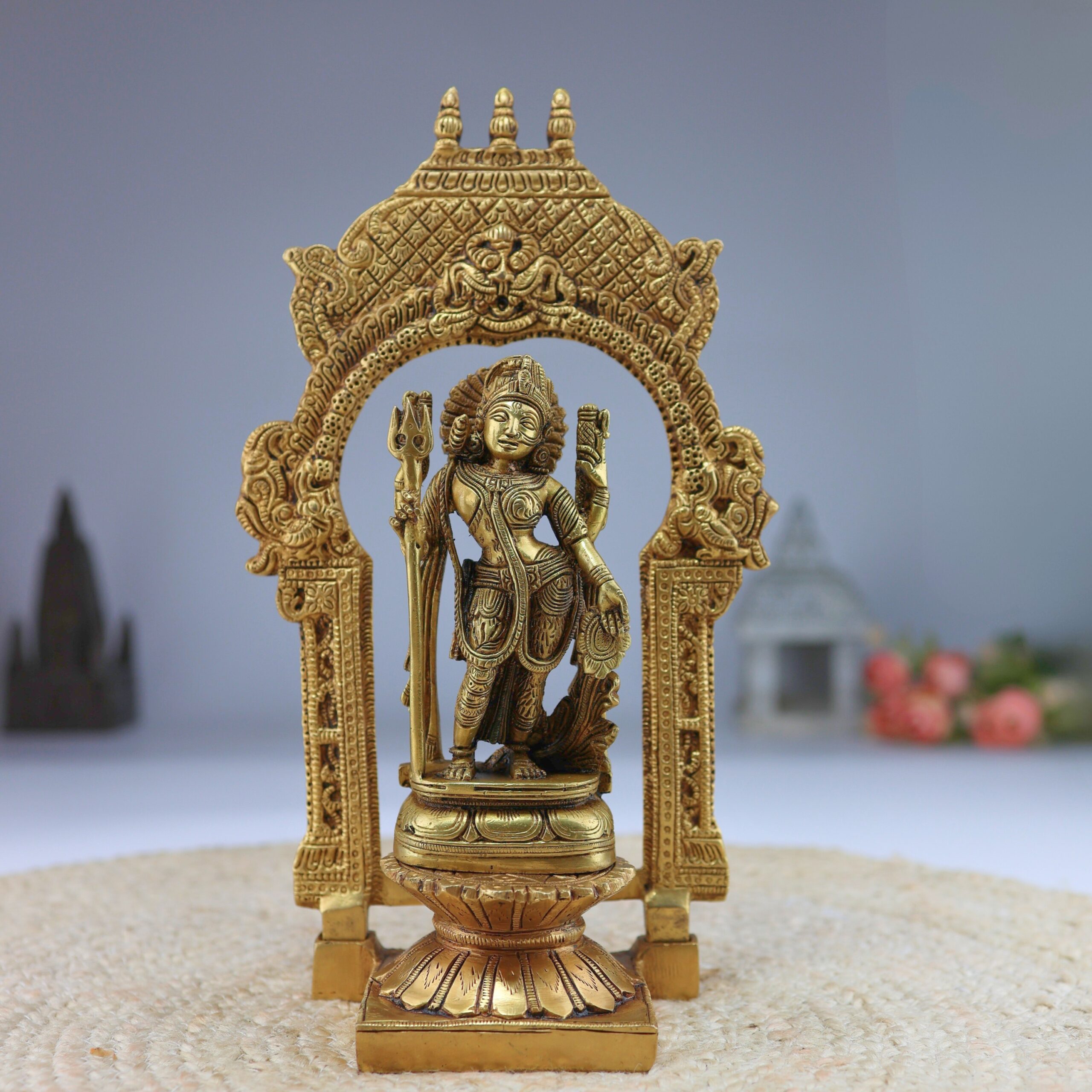 Brass Ardhanarishvara Idol on Lotus Chowki with Temple Shaped Prabhavali, Divine Home Decor, Spiritual Statue, 12 Inch, Gold, 1 Piece