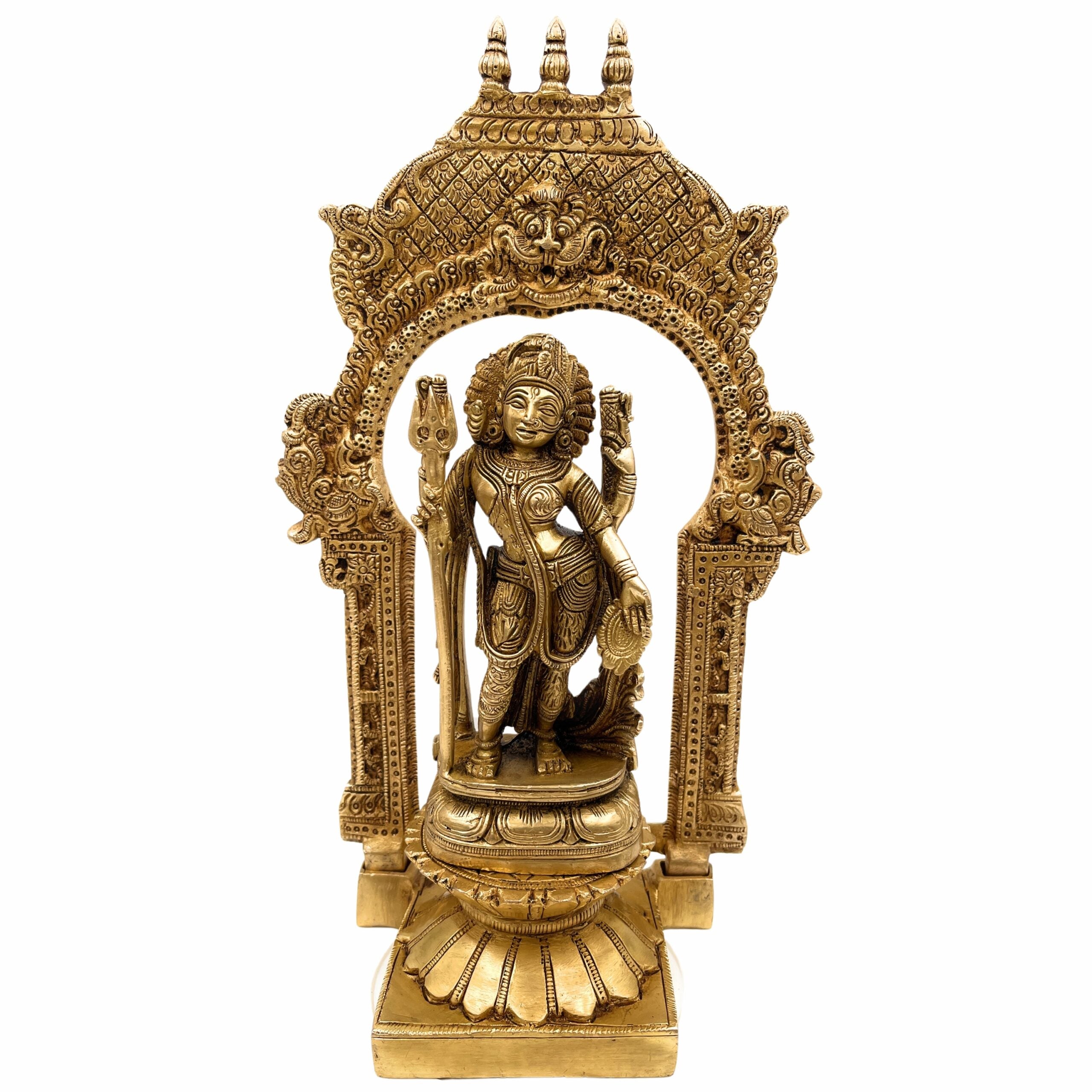 Brass Ardhanarishvara Idol on Lotus Chowki with Temple Shaped Prabhavali, Divine Home Decor, Spiritual Statue, 12 Inch, Gold, 1 Piece